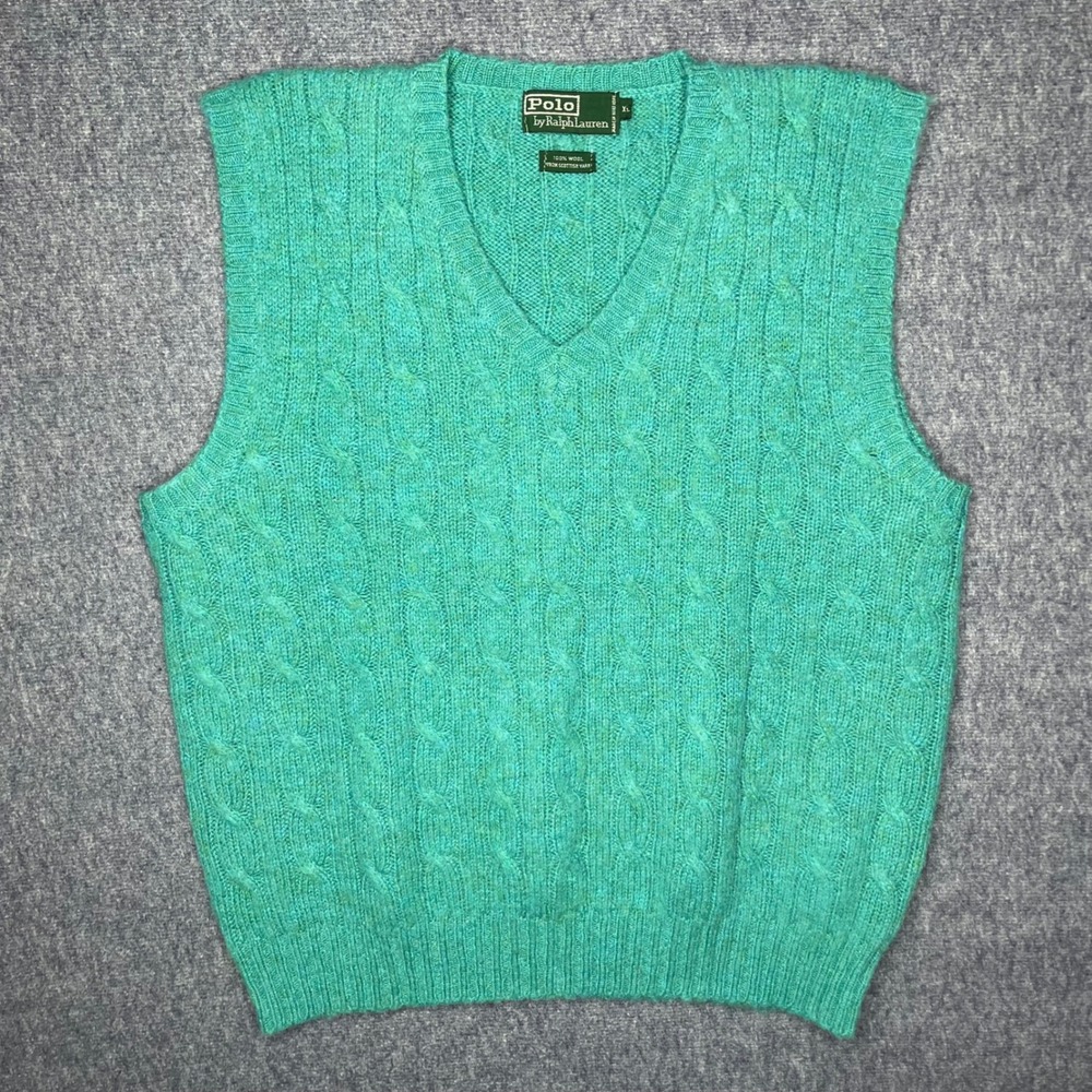 Polo Ralph Lauren Kids XL Teal Green Cable Knit 100% Wool V-Neck Sweater Vest